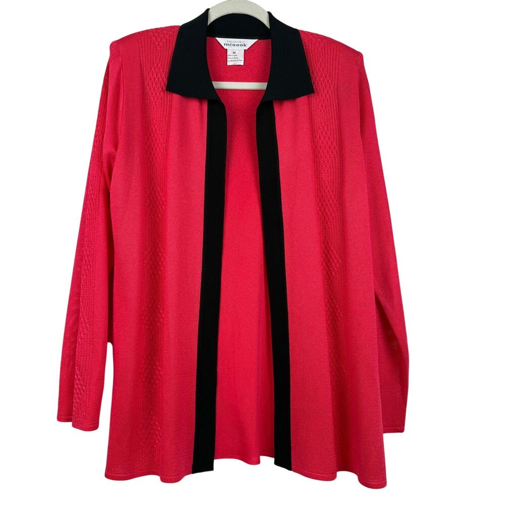 Misook Womens Colorblock Trim Cardigan Size Medium Coral Black Career